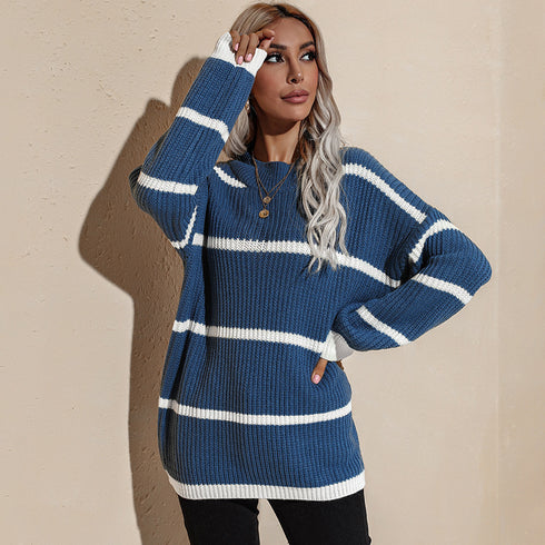 Loose Pullover Round Collar Stripe Sweater Women's Knit Tops