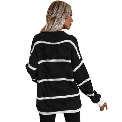 Loose Pullover Round Collar Stripe Sweater Women's Knit Tops