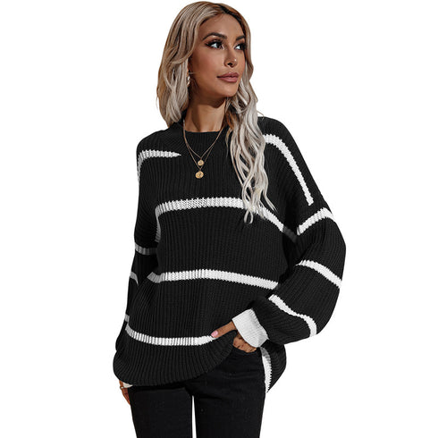 Loose Pullover Round Collar Stripe Sweater Women's Knit Tops