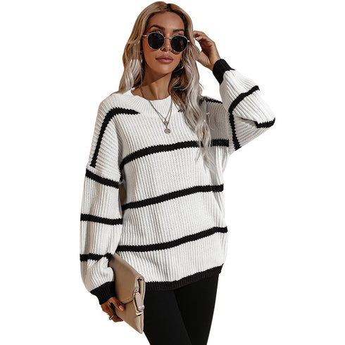 Loose Pullover Round Collar Stripe Sweater Women's Knit Tops