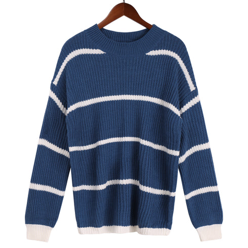 Loose Pullover Round Collar Stripe Sweater Women's Knit Tops