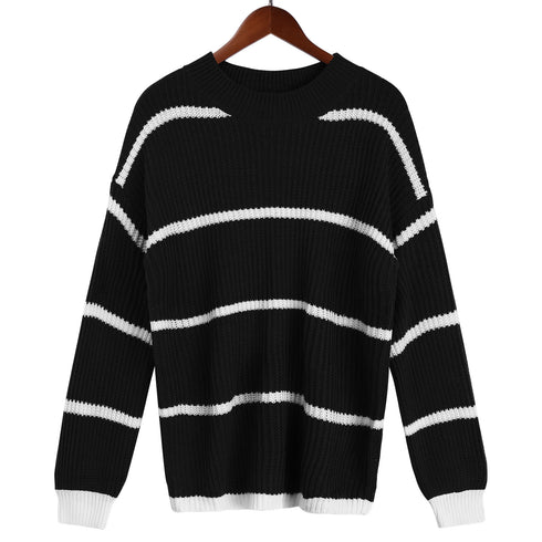 Loose Pullover Round Collar Stripe Sweater Women's Knit Tops