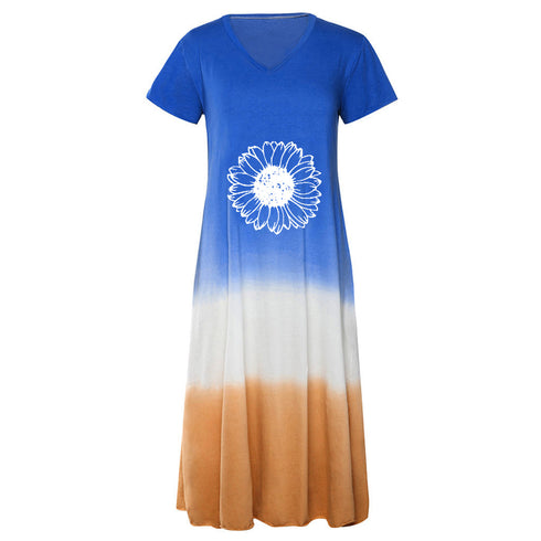 Loose Simple Clashing Stitching Short Sleeve Skirt for Women