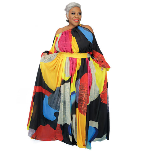 Loose Women's Plus Size One Shoulder Strap Full Dresses