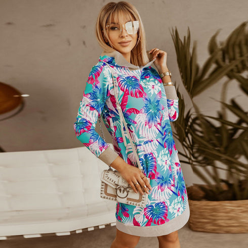 Loose Women's Tunics Flower Printed Hoodie Top