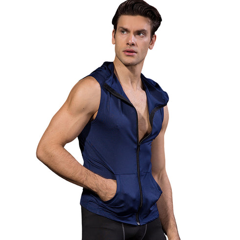 Men's Bodybuilding Zipper Sleeveless Hooded Undershirt Tank