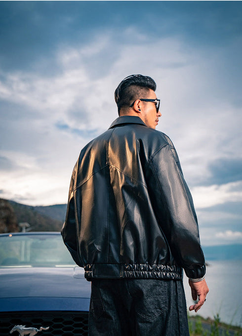 Men's Casual Bomber Faux Leather Plus Size Jacket