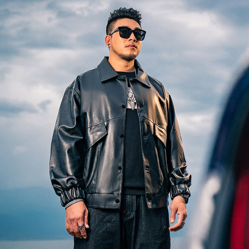 Men's Casual Bomber Faux Leather Plus Size Jacket