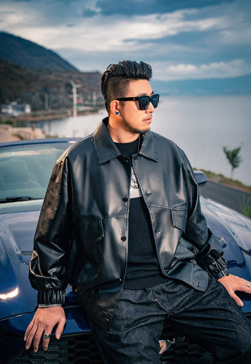 Men's Casual Bomber Faux Leather Plus Size Jacket