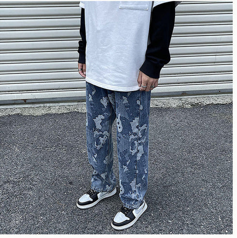Men's Casual Camouflage Wide Leg Denim Jeans with Zipper