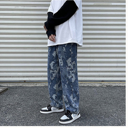 Men's Casual Camouflage Wide Leg Denim Jeans with Zipper
