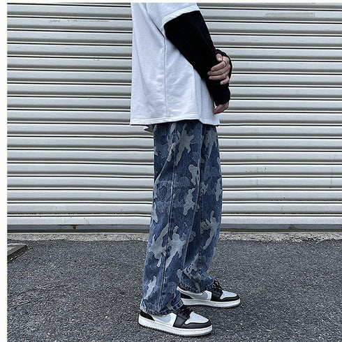 Men's Casual Camouflage Wide Leg Denim Jeans with Zipper