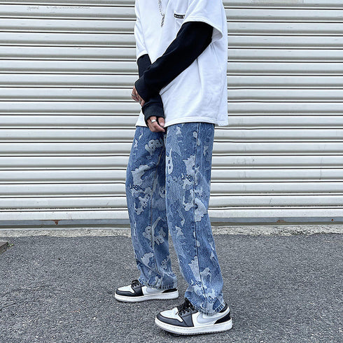 Men's Casual Camouflage Wide Leg Denim Jeans with Zipper