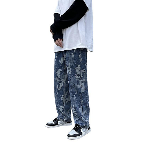 Men's Casual Camouflage Wide Leg Denim Jeans with Zipper