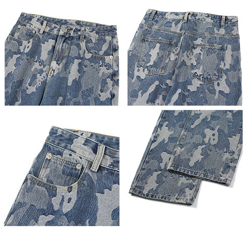 Men's Casual Camouflage Wide Leg Denim Jeans with Zipper