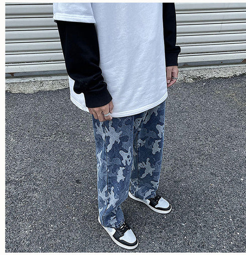 Men's Casual Camouflage Wide Leg Denim Jeans with Zipper