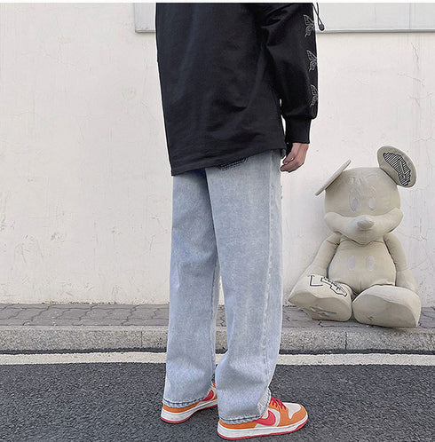 Men's Casual Loose Fit Straight Leg Ripped Jeans Denim Pants