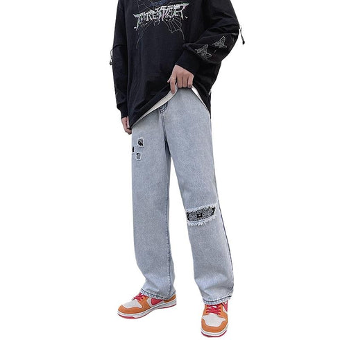 Men's Casual Loose Fit Straight Leg Ripped Jeans Denim Pants