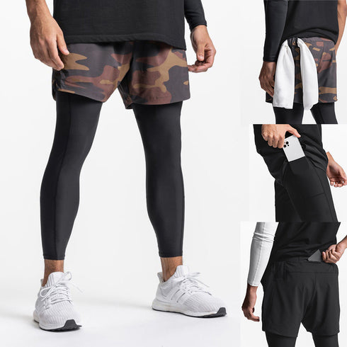 Men's Compression Pants 2 in 1 Running Leggings Workout Shorts