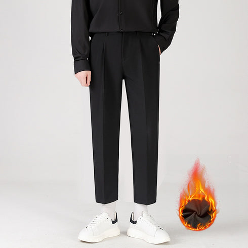 Men's Cropped Fleece-Lined Pleat Front Ankle-Length Dress Pants