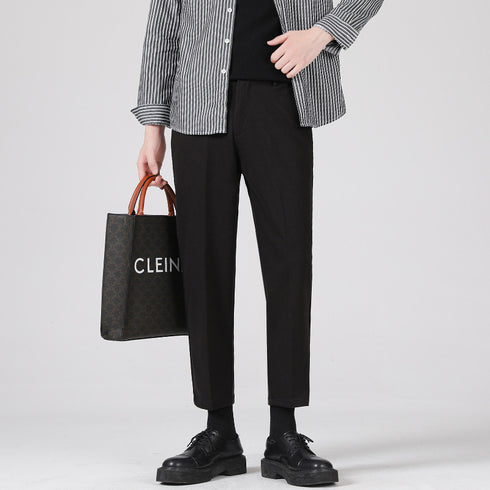 Men's Cropped Wool Slim Fit Flat-Front Dress Pants