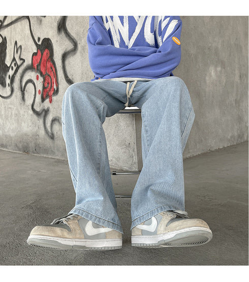 Men's Fleece-Lined Elastic Waist Loose Fit Straight Jeans Denim Pants