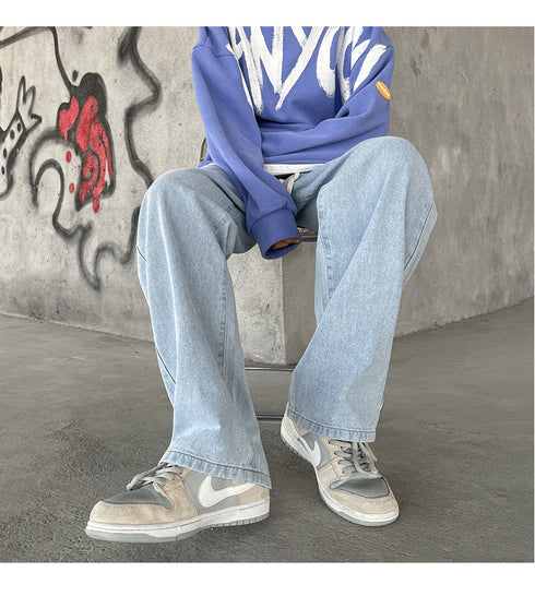 Men's Fleece-Lined Elastic Waist Loose Fit Straight Jeans Denim Pants