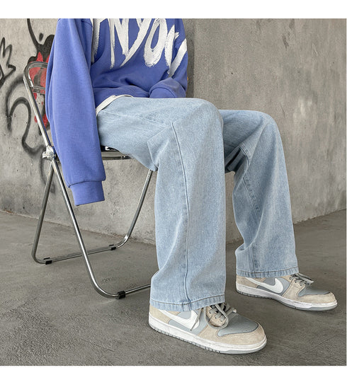 Men's Fleece-Lined Elastic Waist Loose Fit Straight Jeans Denim Pants