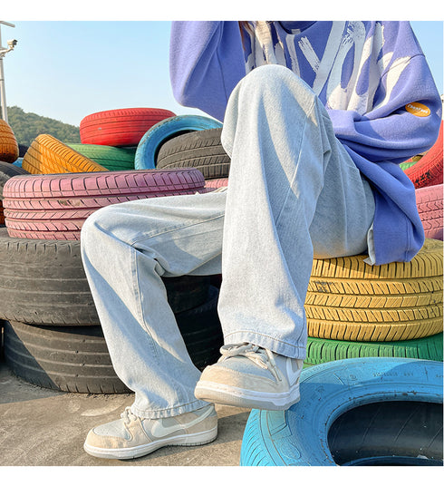 Men's Fleece-Lined Elastic Waist Loose Fit Straight Jeans Denim Pants