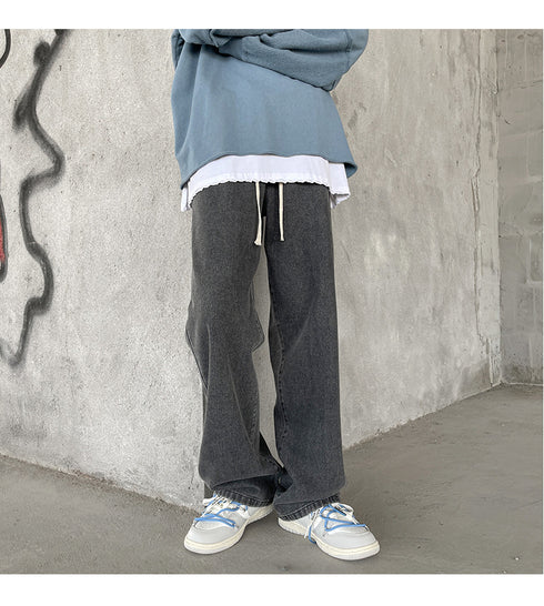 Men's Fleece-Lined Elastic Waist Loose Fit Straight Jeans Denim Pants