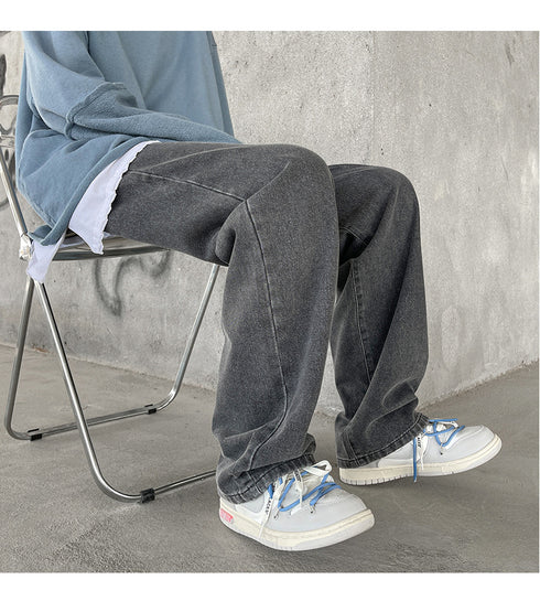 Men's Fleece-Lined Elastic Waist Loose Fit Straight Jeans Denim Pants