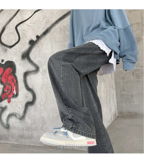 Men's Fleece-Lined Elastic Waist Loose Fit Straight Jeans Denim Pants