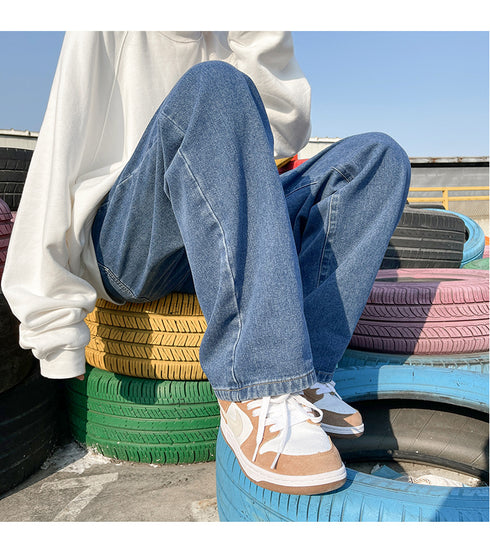 Men's Fleece-Lined Elastic Waist Loose Fit Straight Jeans Denim Pants