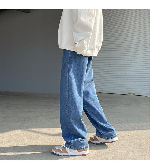 Men's Fleece-Lined Elastic Waist Loose Fit Straight Jeans Denim Pants