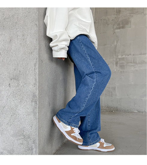 Men's Fleece-Lined Elastic Waist Loose Fit Straight Jeans Denim Pants