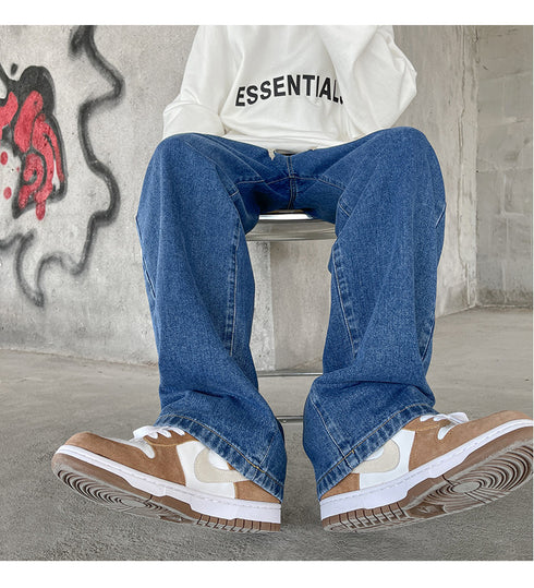 Men's Fleece-Lined Elastic Waist Loose Fit Straight Jeans Denim Pants