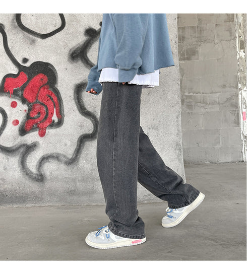 Men's Fleece-Lined Elastic Waist Loose Fit Straight Jeans Denim Pants