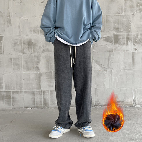 Men's Fleece-Lined Elastic Waist Loose Fit Straight Jeans Denim Pants