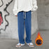 Men's Fleece-Lined Elastic Waist Loose Fit Straight Jeans Denim Pants
