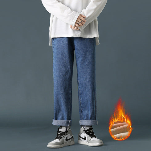 Men's Fleece-Lined Straight Wide Leg Denim Jeans