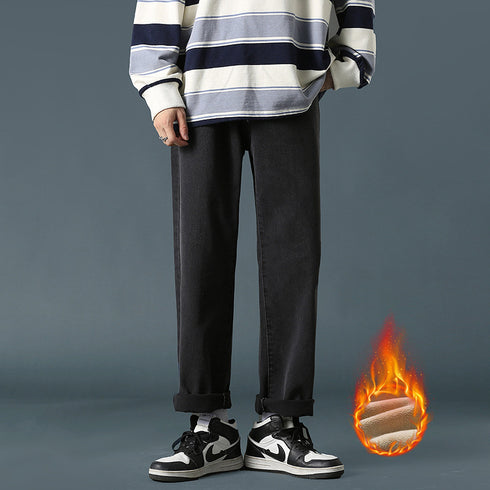 Men's Fleece-Lined Straight Wide Leg Denim Jeans