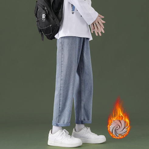 Men's Fleece-Lined Straight fit Jeans Wide-Leg Denim Pants