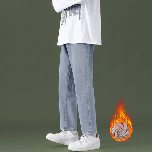 Men's Fleece-Lined Straight fit Jeans Wide-Leg Denim Pants