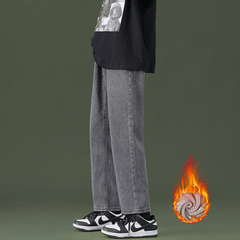 Men's Fleece-Lined Straight fit Jeans Wide-Leg Denim Pants