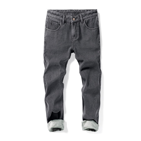 Men's Fleece-Lined Straight fit Jeans Wide-Leg Denim Pants