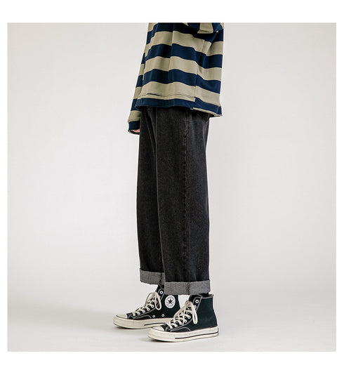 Men's Fleece-Lined Straight fit Solid Color Loose Denim Work Jeans