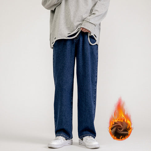 Men's Fleece-Lined Straight fit Solid Color Loose Denim Work Jeans