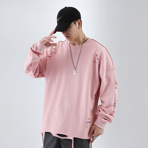 Men's Hip Hop Solid Color Pullover Hole Sweatshirts