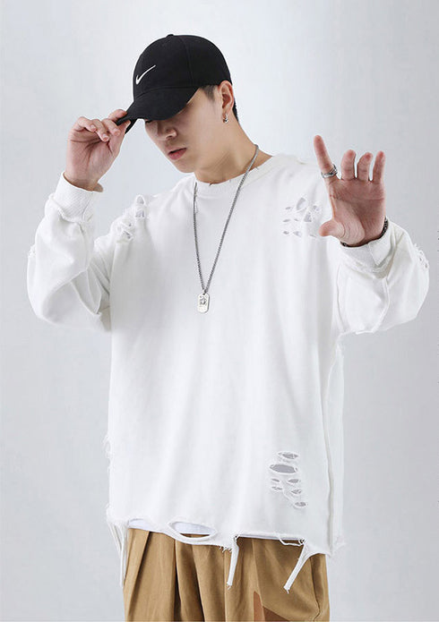 Men's Hip Hop Solid Color Pullover Hole Sweatshirts
