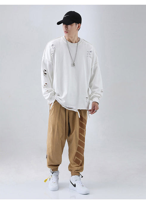 Men's Hip Hop Solid Color Pullover Hole Sweatshirts